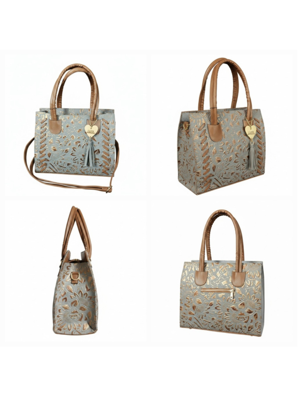 Sunflowers Blue Gray Bronze Stitched Embossed Tooled Artisan LEATHER Bag Purse - Picture 3 of 16